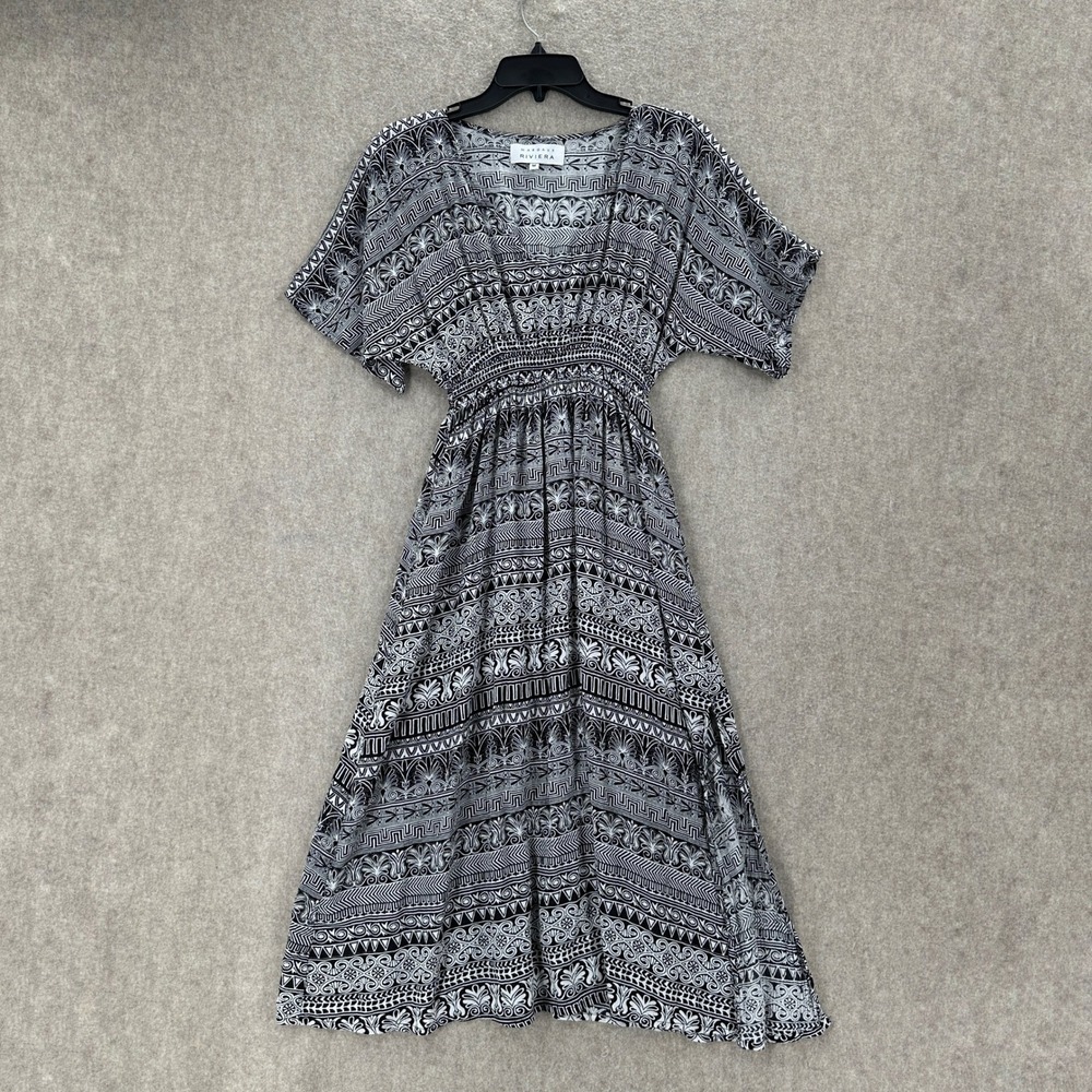 Margaux Riviera Womens Black White Geometric Tribal Smocked Midi Dress Size M